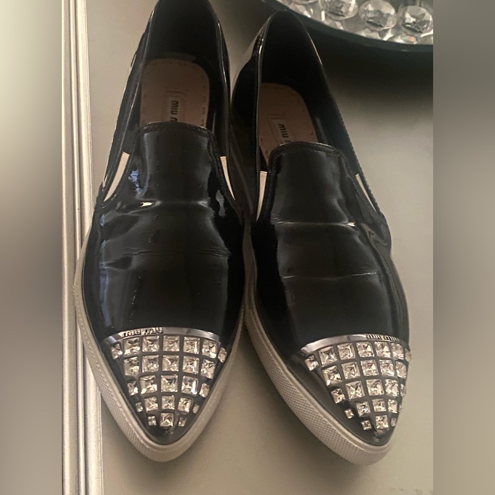 Miu Miu patent leather crystal embellished loafer